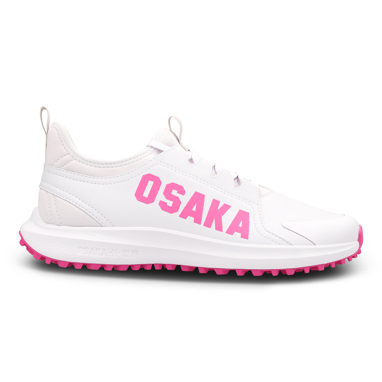 White sneaker with pink 'OSAKA' branding on a white background