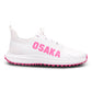 White sneaker with pink 'OSAKA' branding on a white background