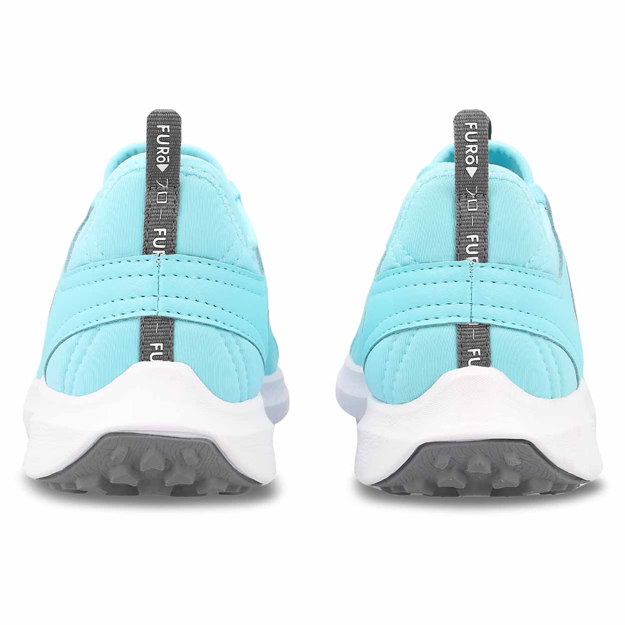 Light blue athletic shoes with white soles on a white background