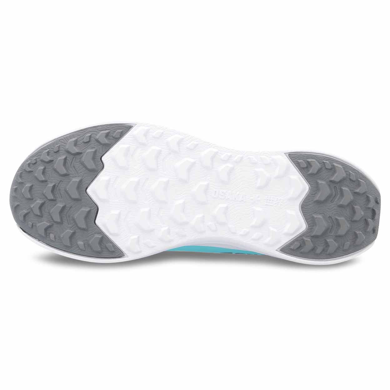 Close-up of a shoe sole with white and gray tread pattern on a white background