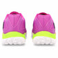 Pink and green running shoes with white soles on a white background