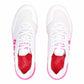 White sneakers with red insoles and pink accents on a white background