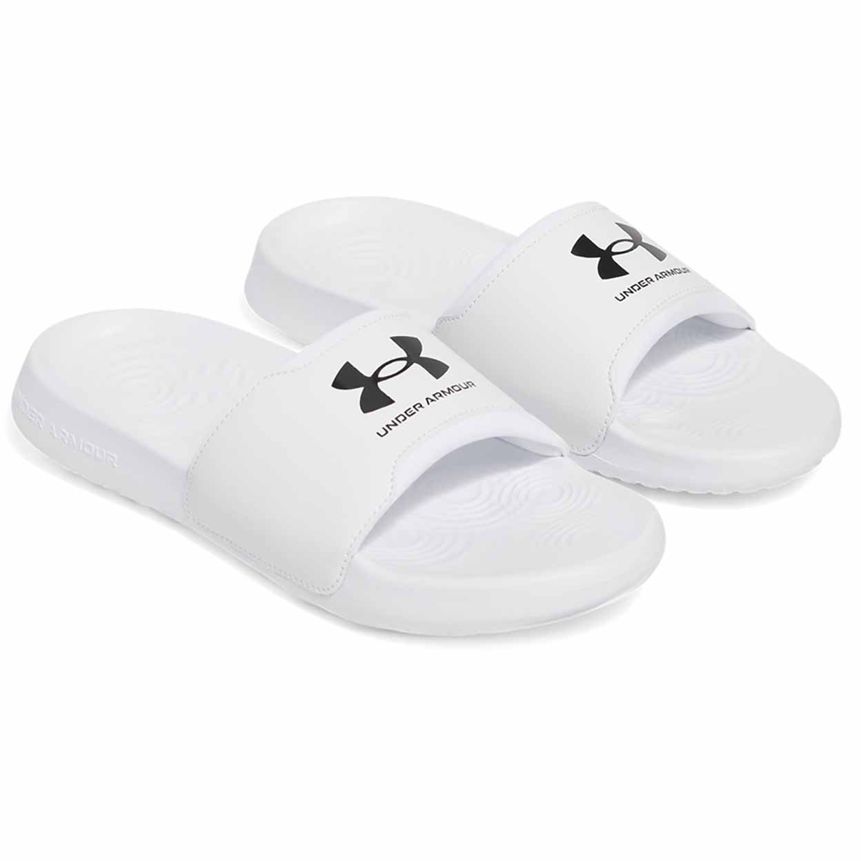 angled front view of the white Under Armour Women's Ignite Select Slides.