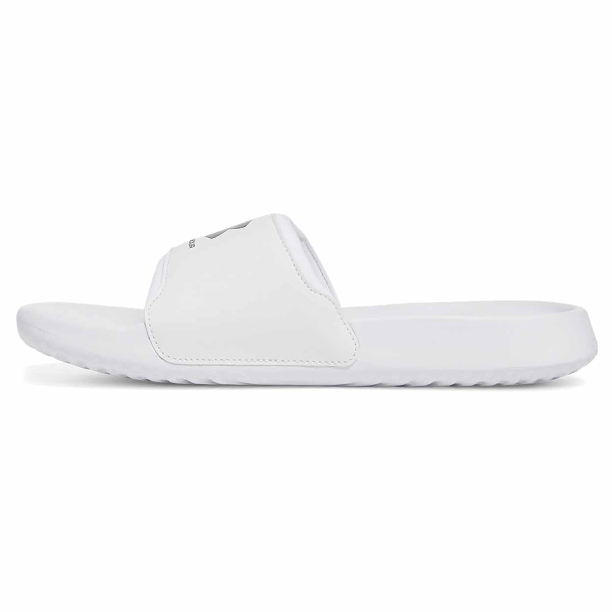 instep side view of the white Under Armour Women's Ignite Select Slides