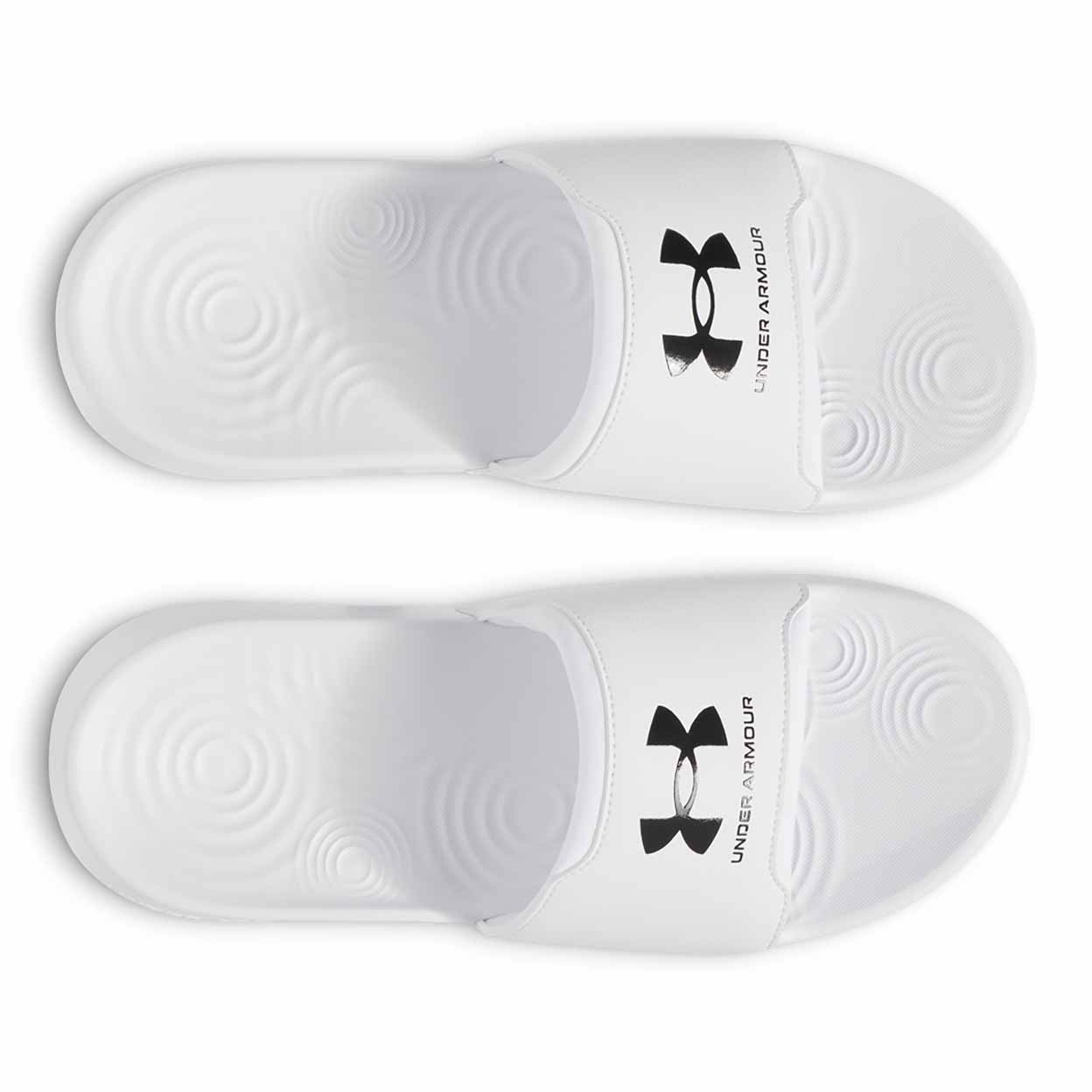 Top view of a pair of white Under Armour Women's Ignite Select Slides.