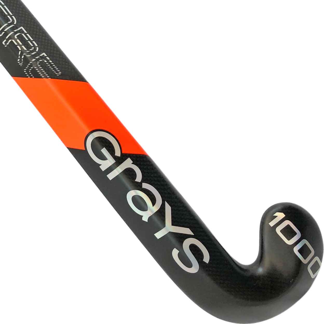 Close-up of the lower back side of the Grays AC1000 DBS stick, highlighting the curved toe, carbon fiber finish, and “Grays 1000” detail.