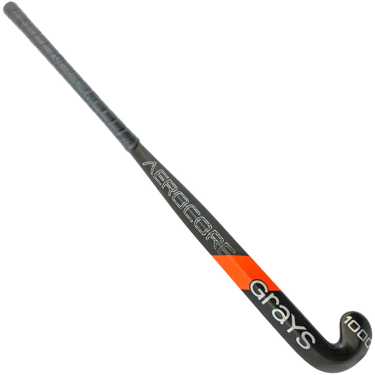 Full back view of the Grays AC1000 DBS Composite Stick featuring the “AEROCORE” branding and sleek matte black texture with orange accent.