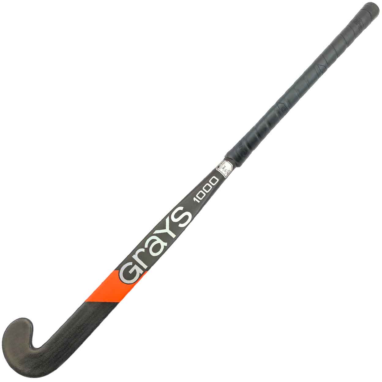 Full front view of the Grays AC1000 DBS Composite Field Hockey Stick, showing the black and orange design with bold “Grays” and “1000” lettering along the shaft and toe.