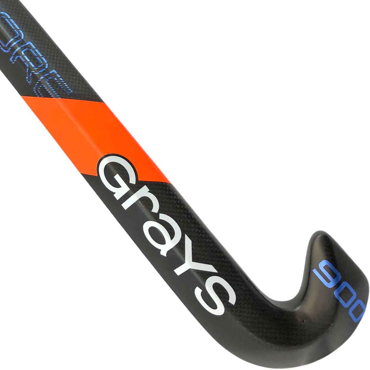 Angled close-up of the Grays AC900 PBS Stick highlighting the junction of the orange accent with the “Grays” logo and the curved hook end marked with “900” in blue.