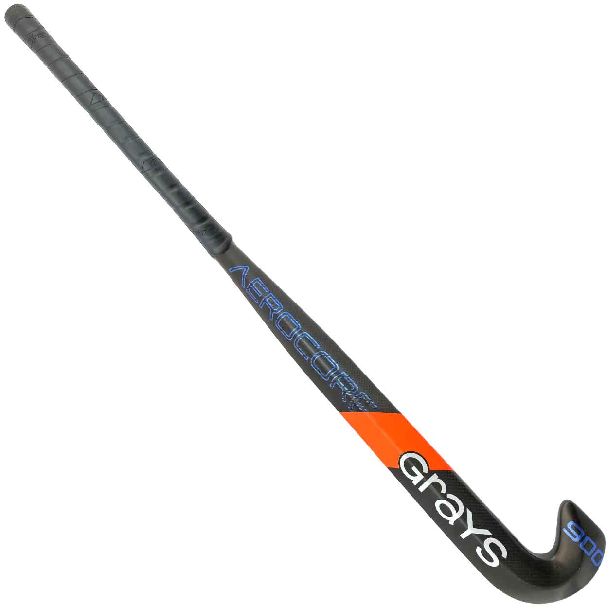 Back view of the Grays AC900 PBS Stick featuring the blue “AEROCORE” branding along the carbon-textured shaft, paired with the same orange diagonal stripe and “Grays” logo near the lower portion.