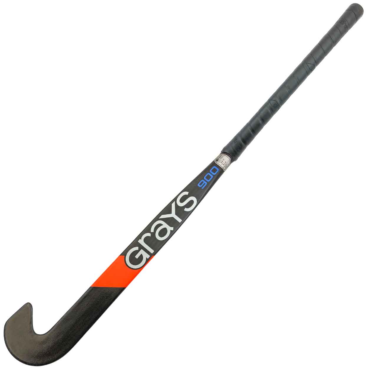 Front view of the Grays AC900 PBS Composite Field Hockey Stick, showing the “Grays” and “900” branding in white and blue near the toe, with a bold orange diagonal stripe above and a smooth black texture along the shaft.