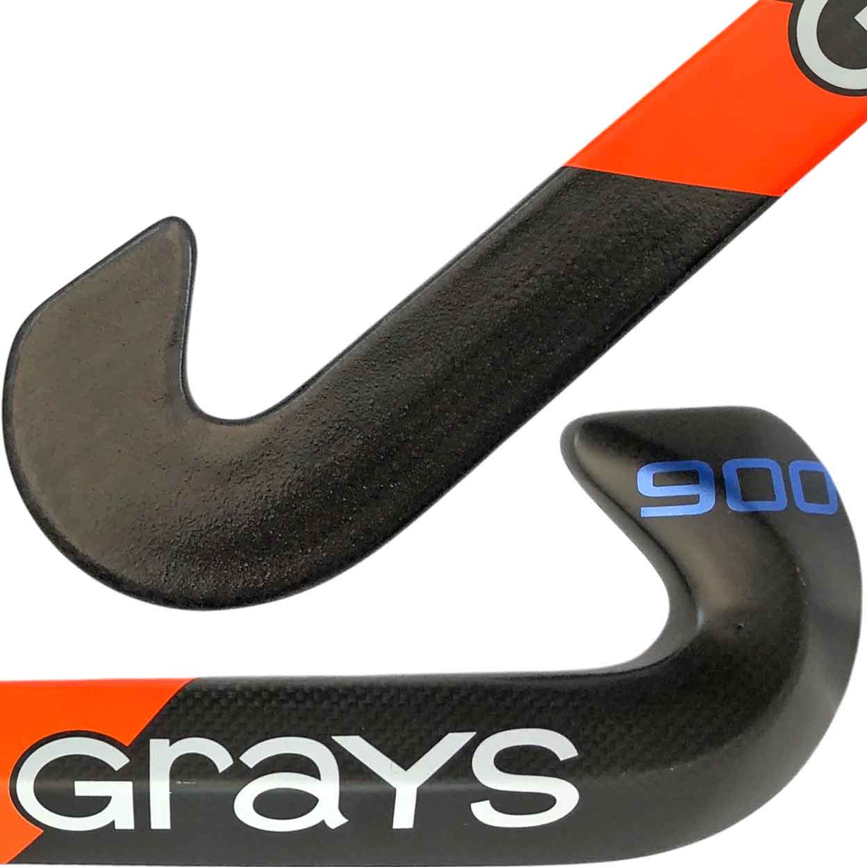 Detailed close-up of the stick’s toe and lower shaft from both sides, showing the textured black toe area, orange accent stripe, “Grays” logo, and blue “900” mark.