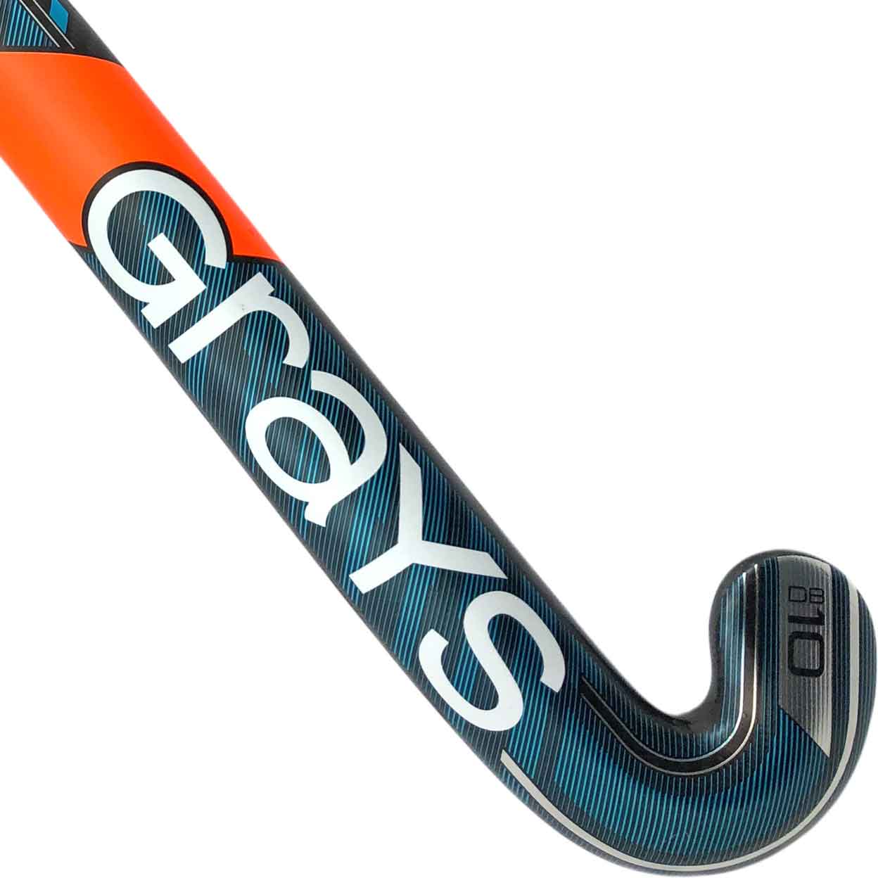 Close-up of the lower back of the Grays DB10 field hockey stick showing DB10 label and Grays branding in white