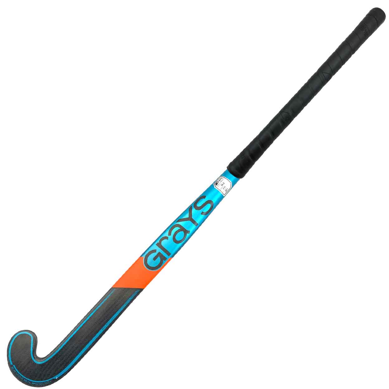 Grays DB10 Composite Field Hockey Stick - full front view showing blue, black, and orange design with Grays branding