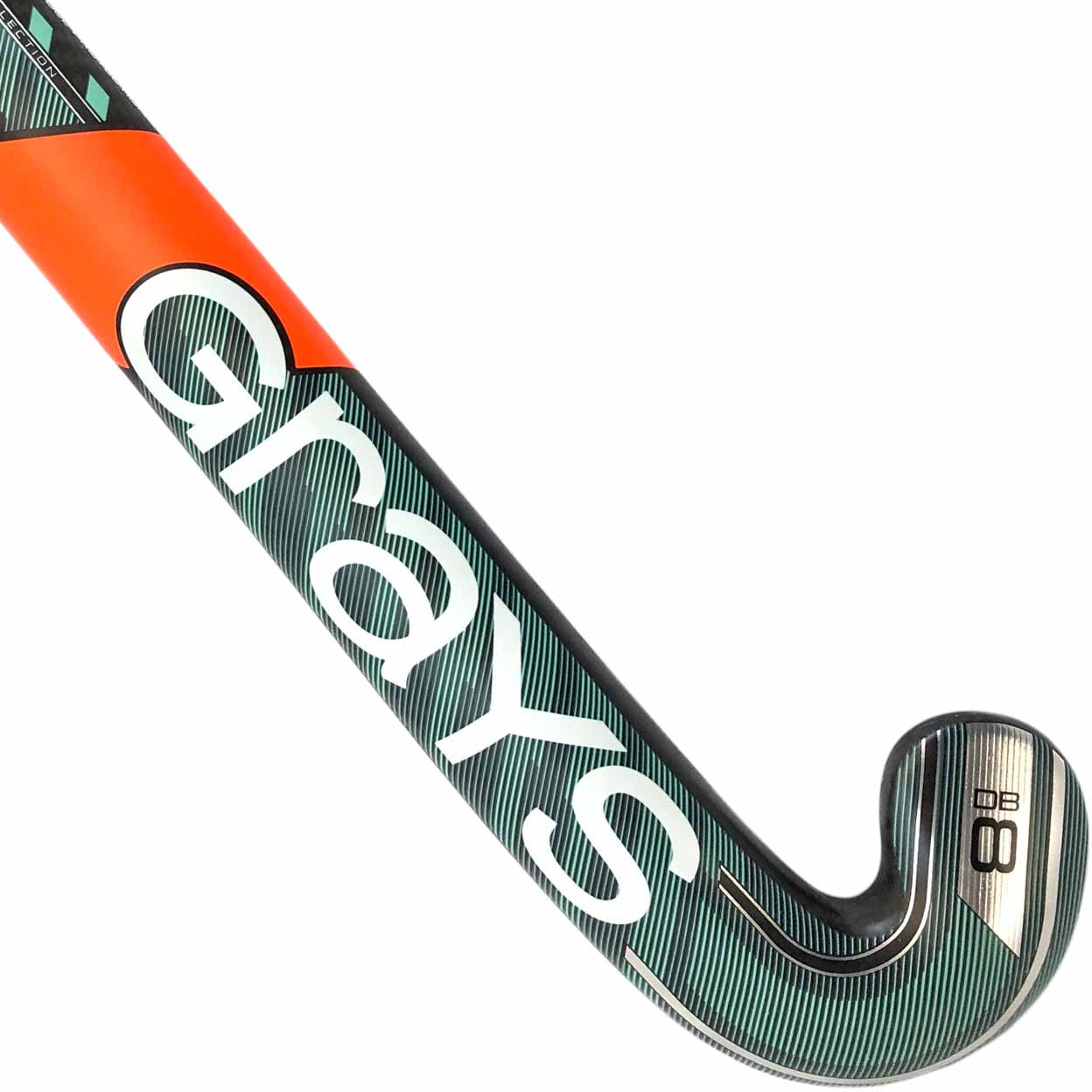 Close-up of the Grays DB8 stick head – highlighting the logo, DB8 branding, and textured green and black design.