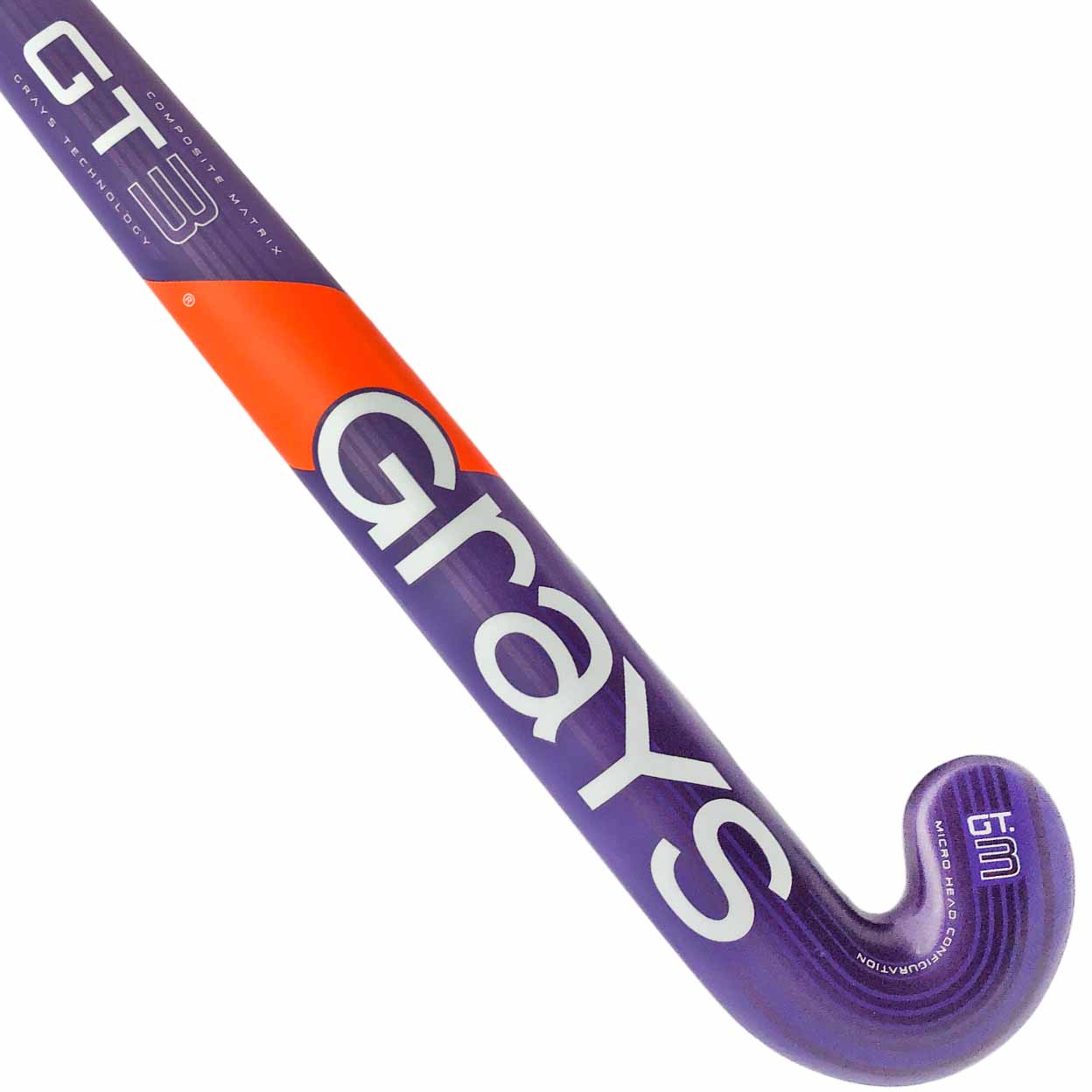 Purple and orange Grays GT3 hockey stick on a white background