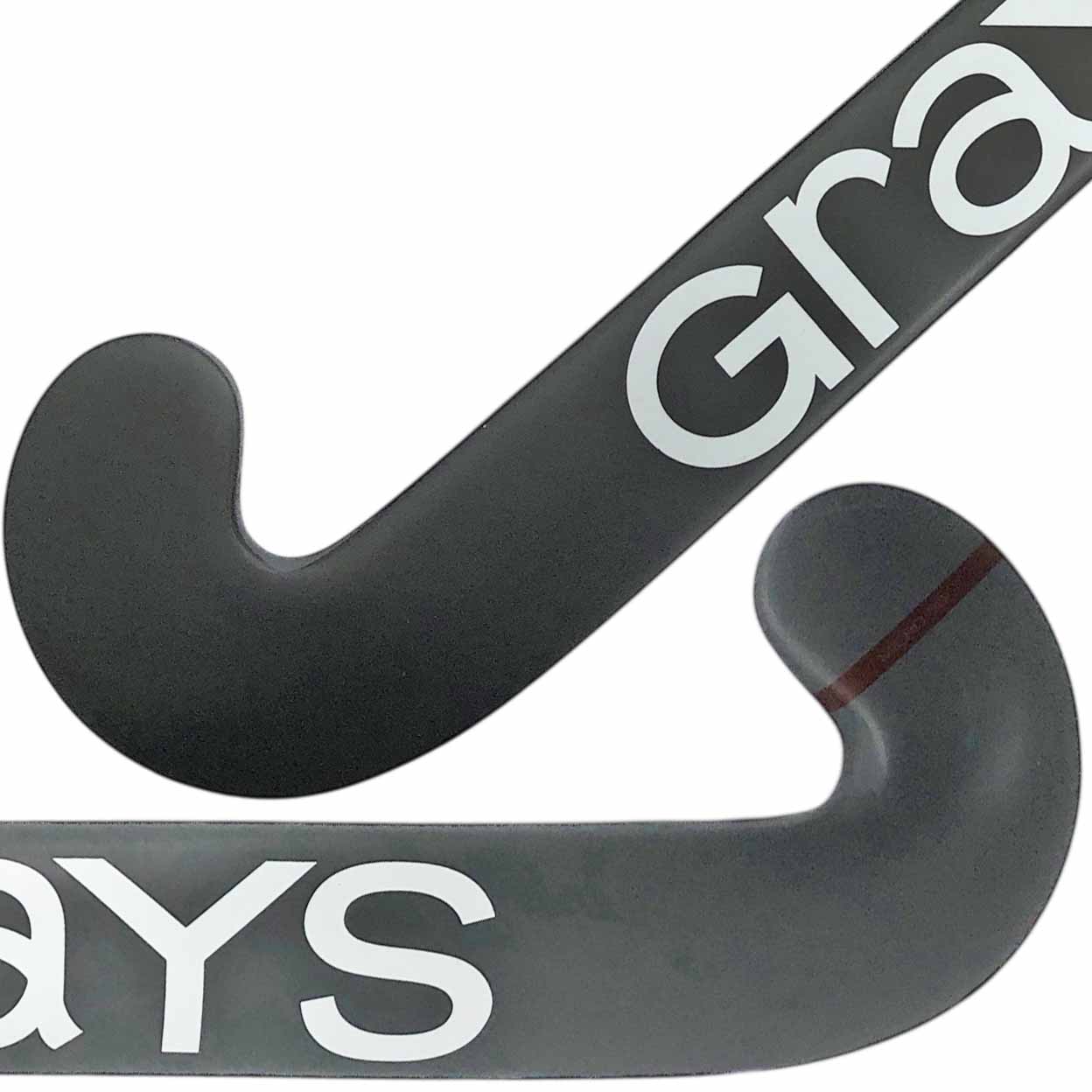 closeup of the toes of the grey Grays GTi3500 Dynabow Indoor field hockey stick