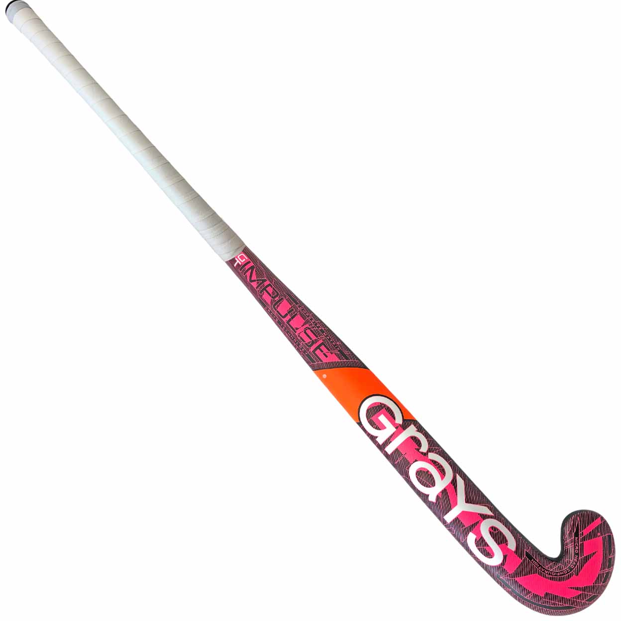 Hockey stick with pink and orange design on a white background