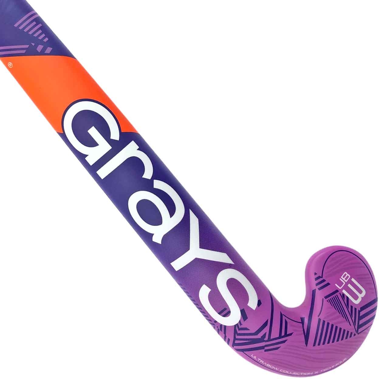 Detail view of the back of the Grays UB3 stick head, showing the “UB3” mark, “Ultrabow Collection” label, and textured pink and purple design.