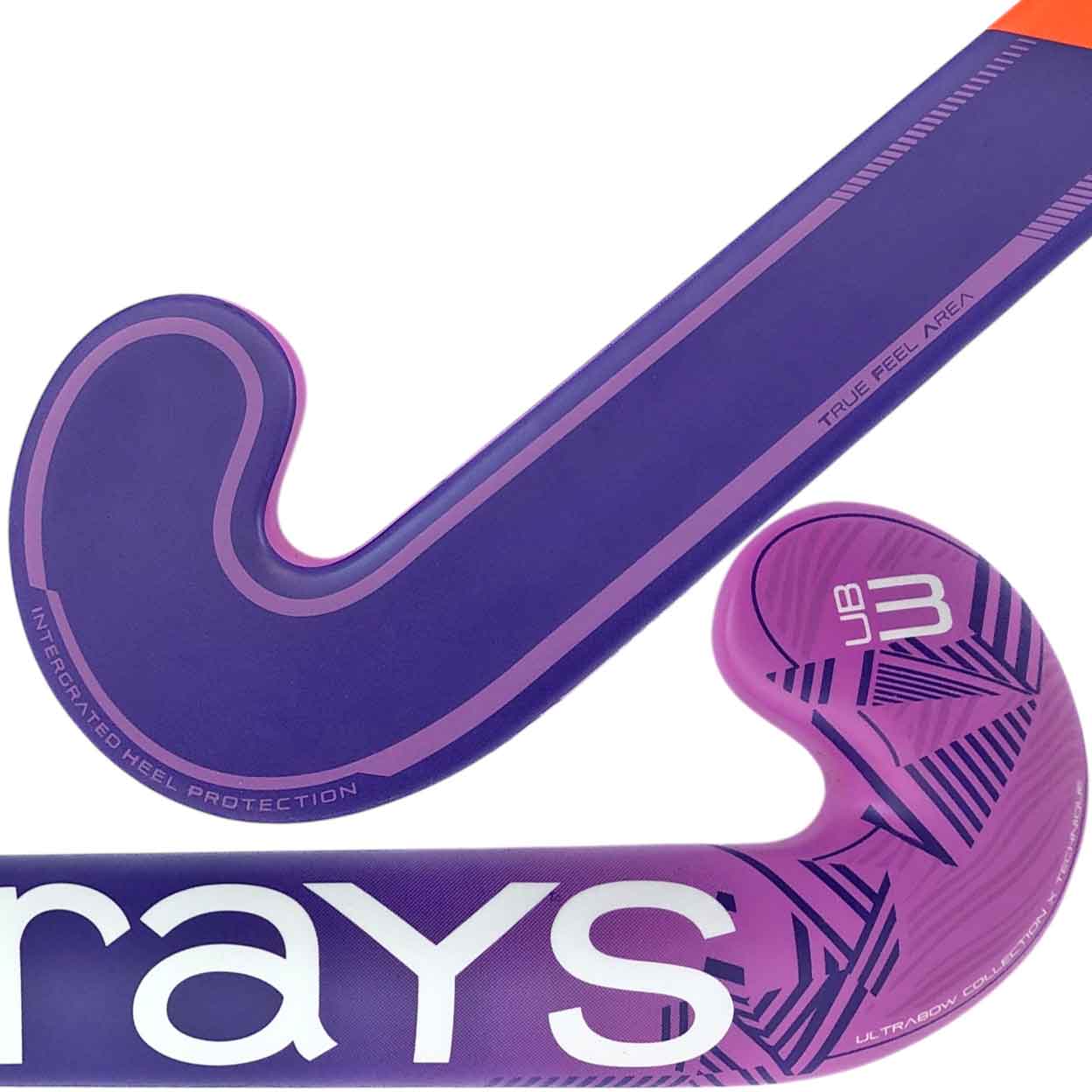 Close-up of the toe and midsection of the front of the Grays UB3 composite stick, showing the “Grays” branding and purple-to-pink graphics with geometric details.