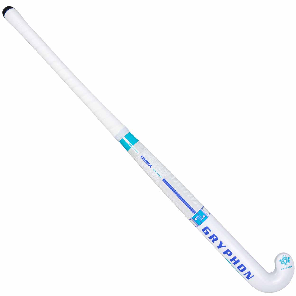 White and blue Gryphon hockey stick on a white background