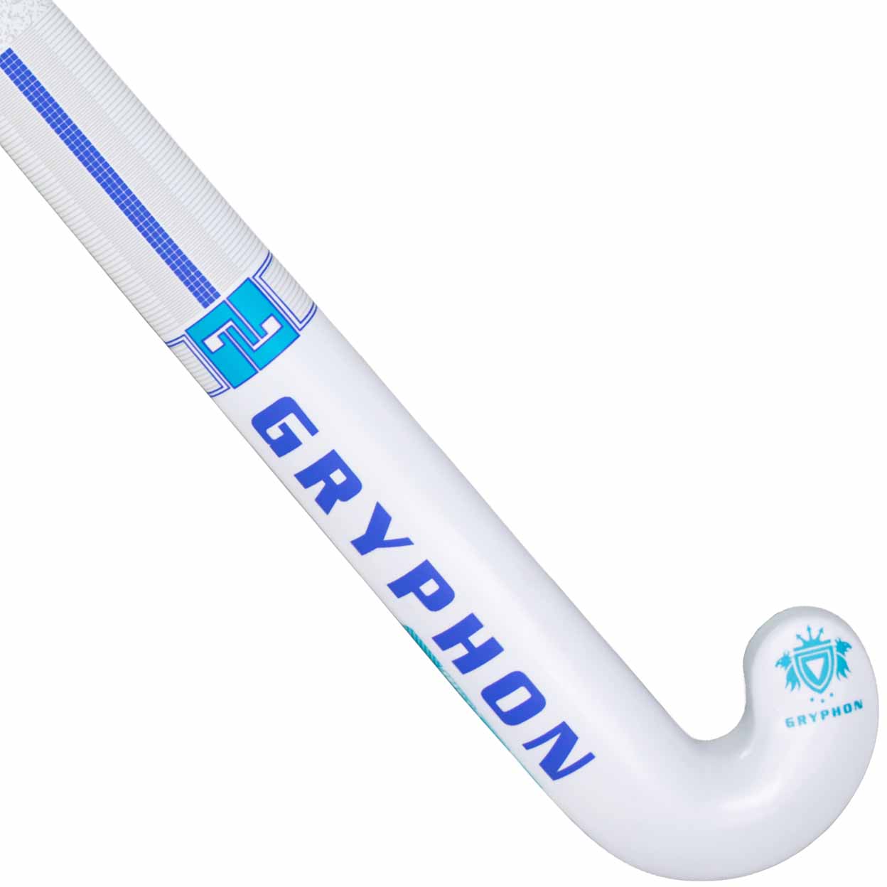 White and blue Gryphon hockey stick on a white background