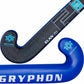 Blue and black Gryphon hockey stick on a white background