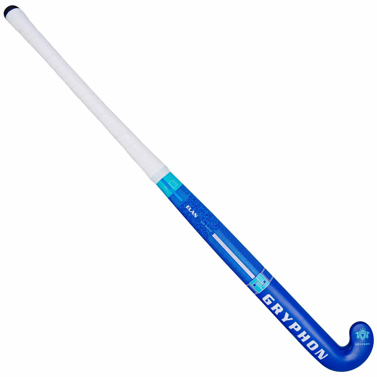 Blue and white hockey stick with 'Gryphon' branding on a white background