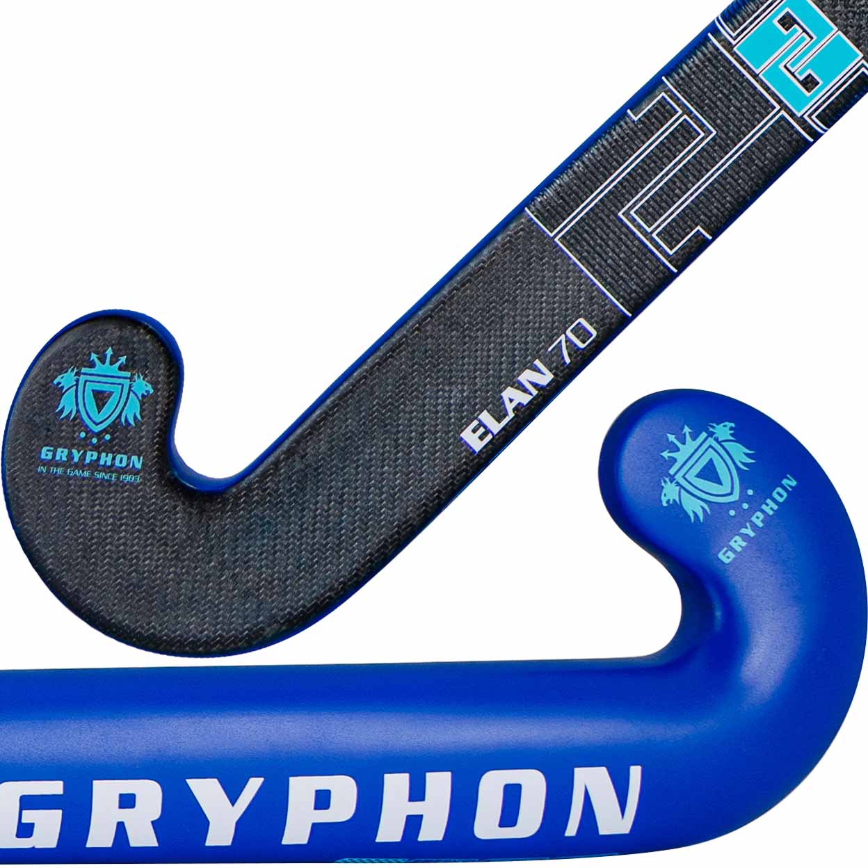 Blue and black Gryphon hockey stick on a white background