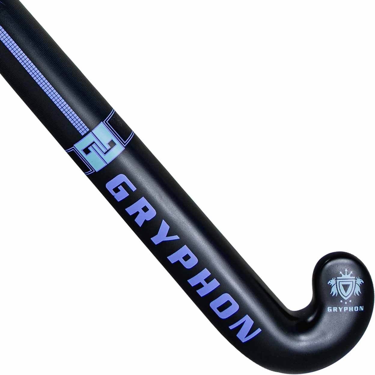 Black hockey stick with blue 'Gryphon' branding on a white background