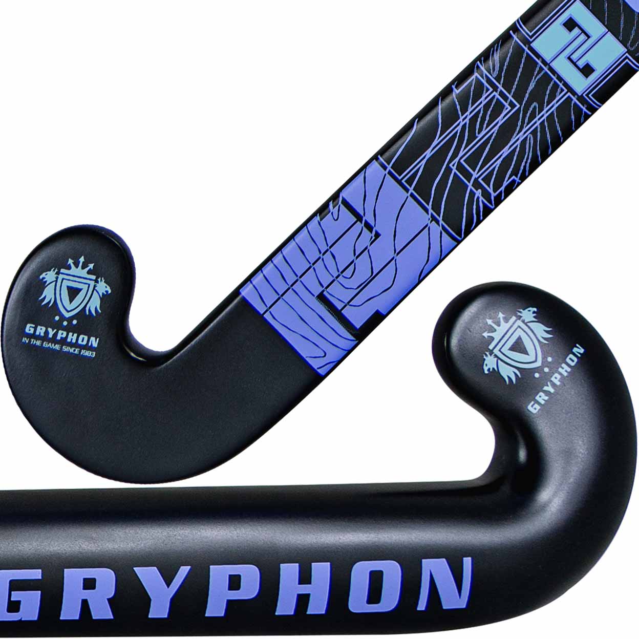Black and blue Gryphon hockey stick on a white background