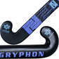Black and blue Gryphon hockey stick on a white background
