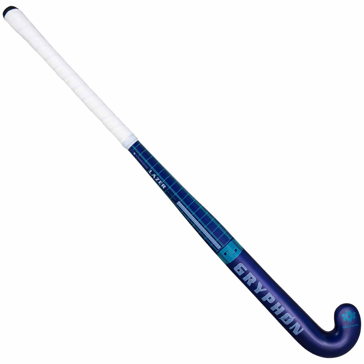 Blue and white hockey stick with 'Gryphon' branding on a white background