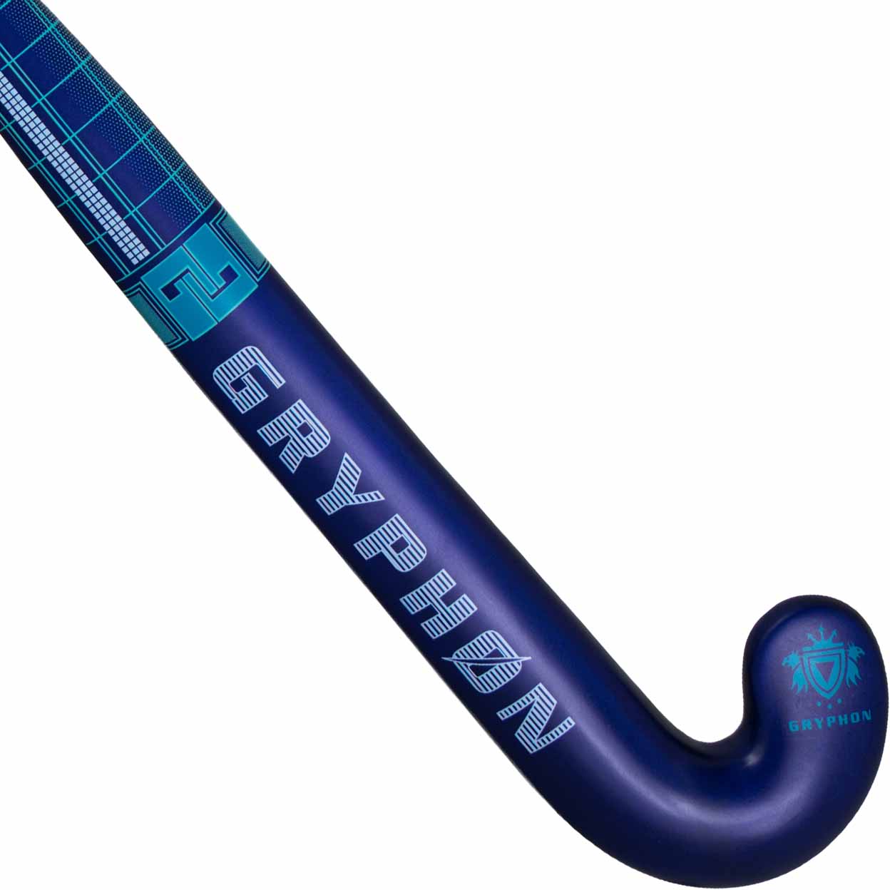 Blue and pruple hockey stick with 'gryphon' branding on a white background