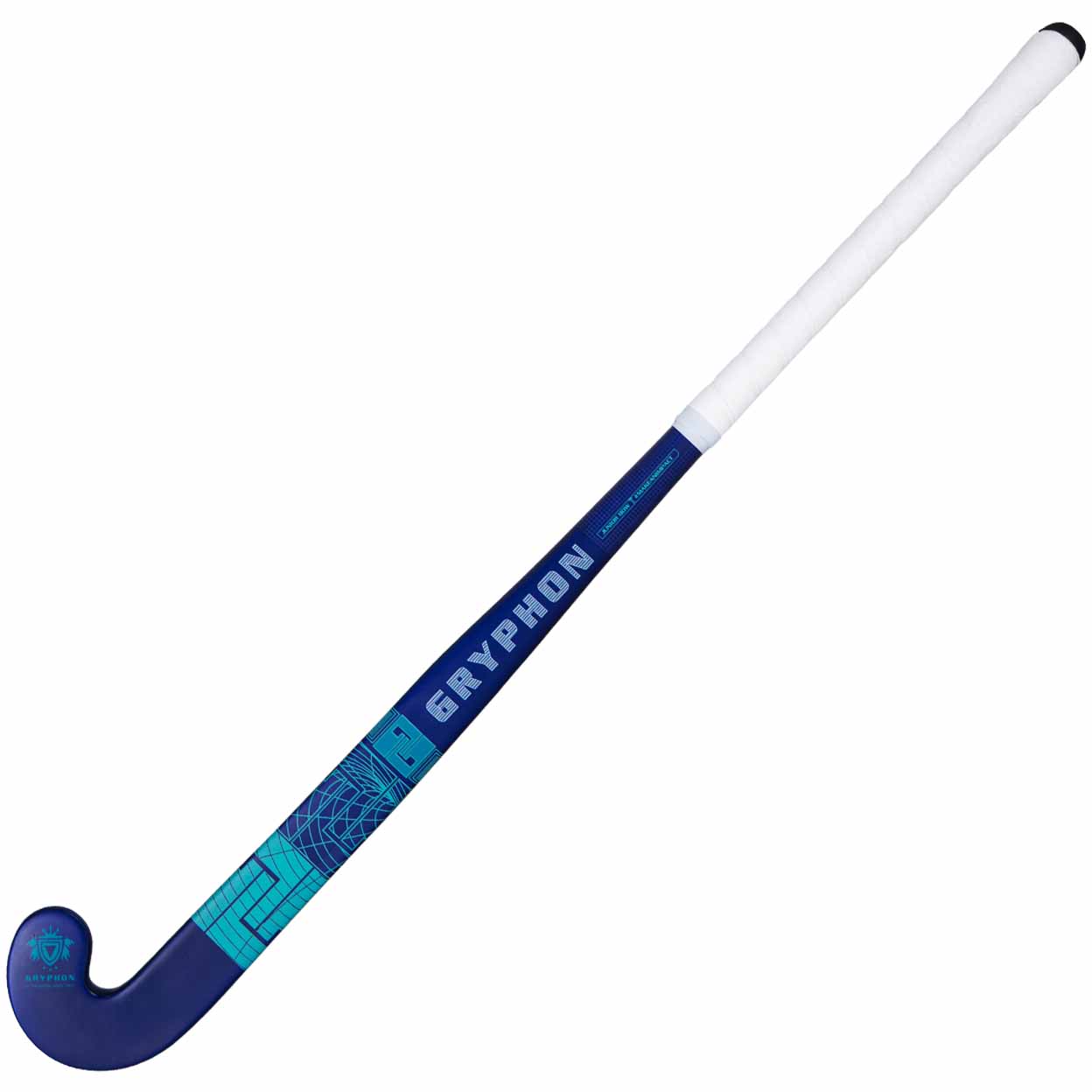 Blue and white hockey stick with 'Gryphon' branding on a white background