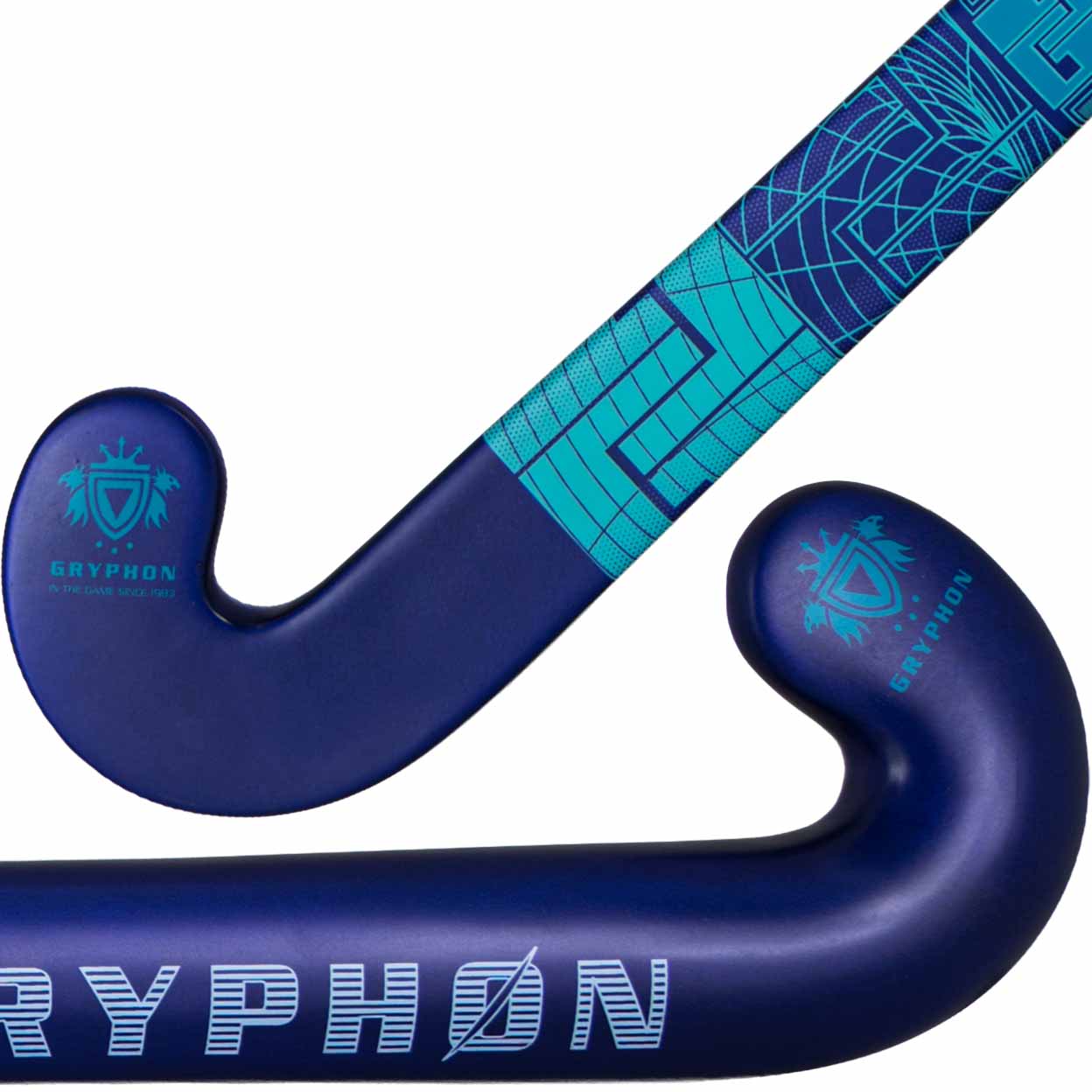 purple and teal hockey stick with 'Gryphon' branding on a white background