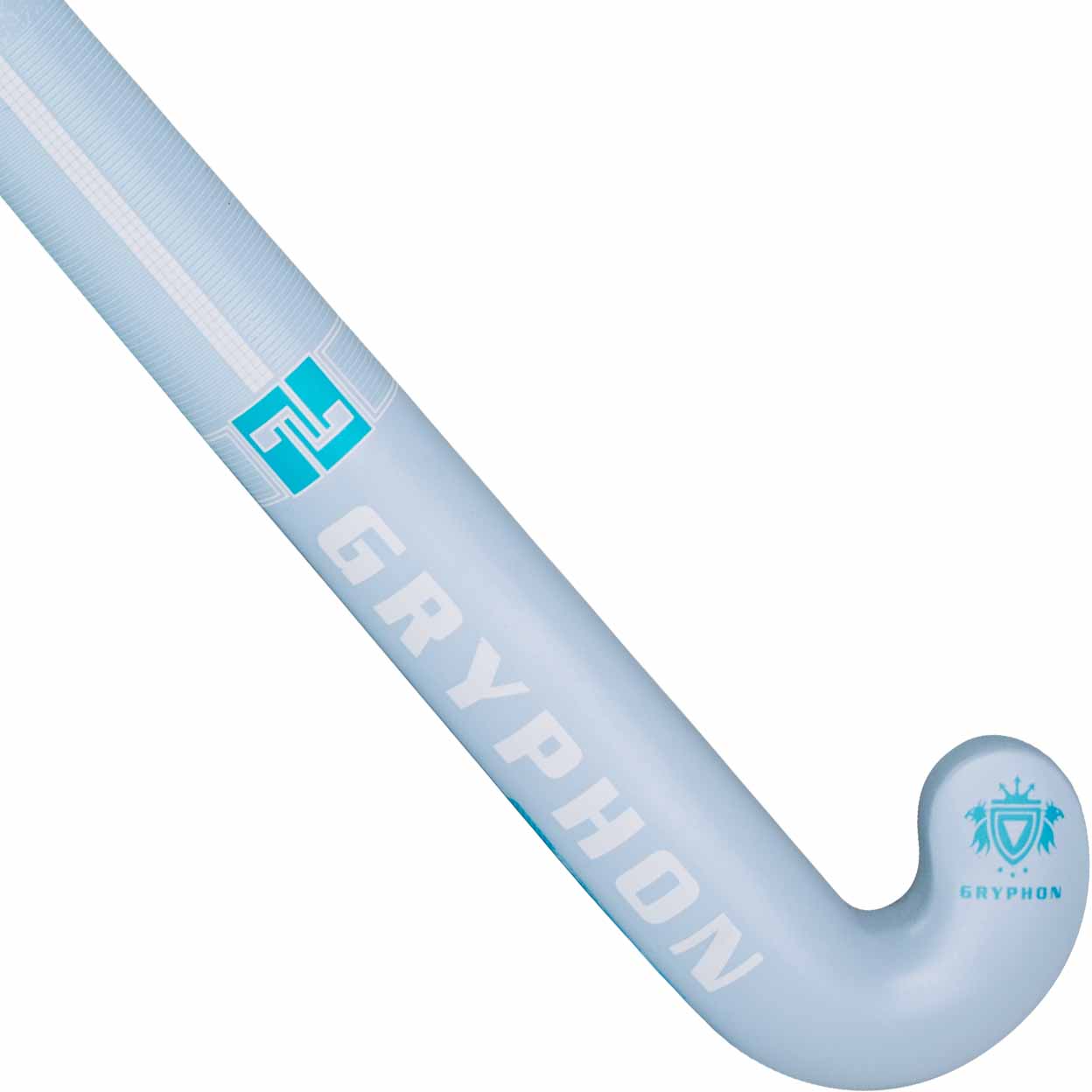 Light blue hockey stick with Gryphon logo on a white background