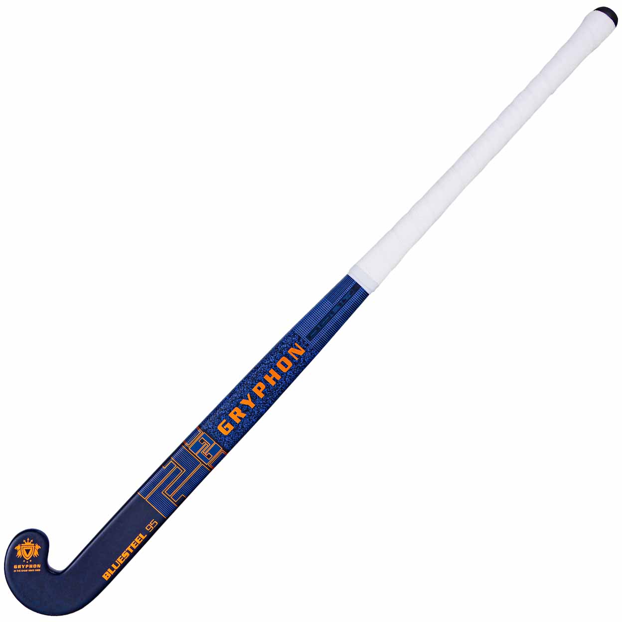 Blue and white hockey stick with 'Gryphon' branding on a white background