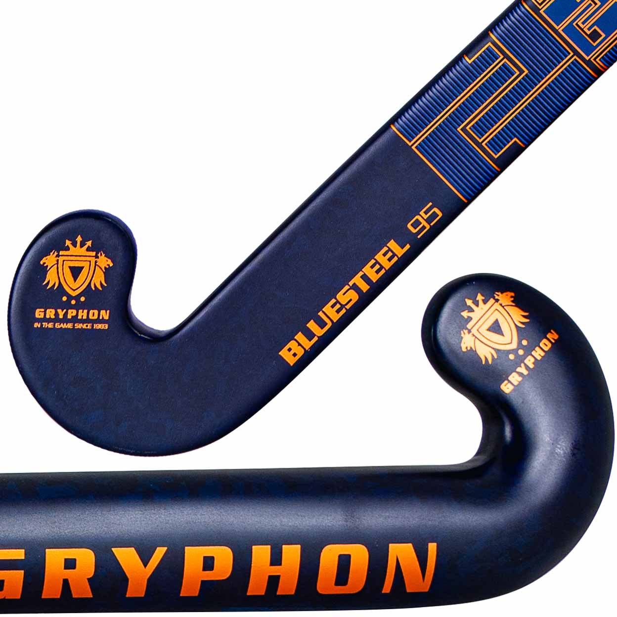 Blue and orange Gryphon hockey stick on a white background