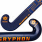 Blue and orange Gryphon hockey stick on a white background