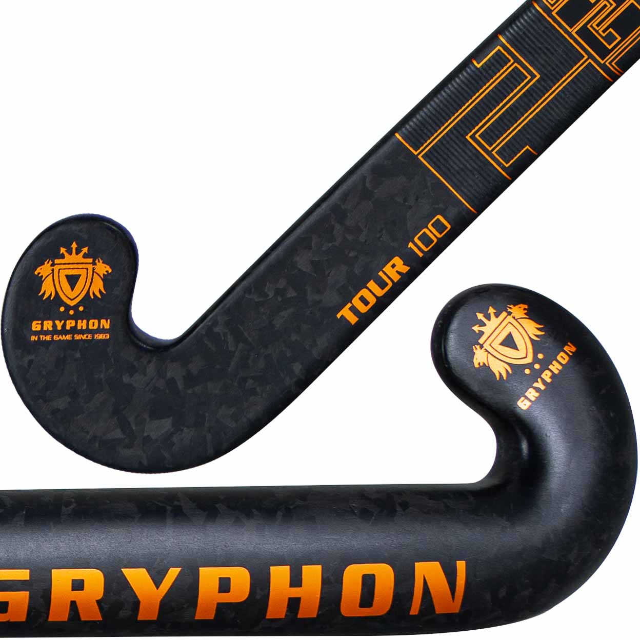 Black and orange Gryphon hockey stick on a white background