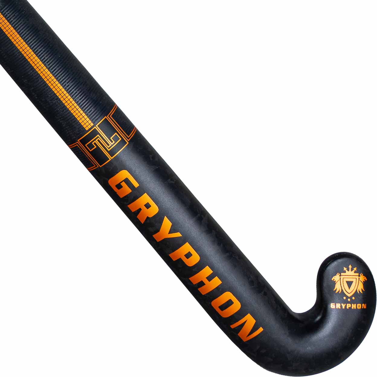 Black and orange hockey stick with Gryphon branding on a white background