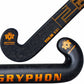 Black and orange Gryphon hockey stick on a white background