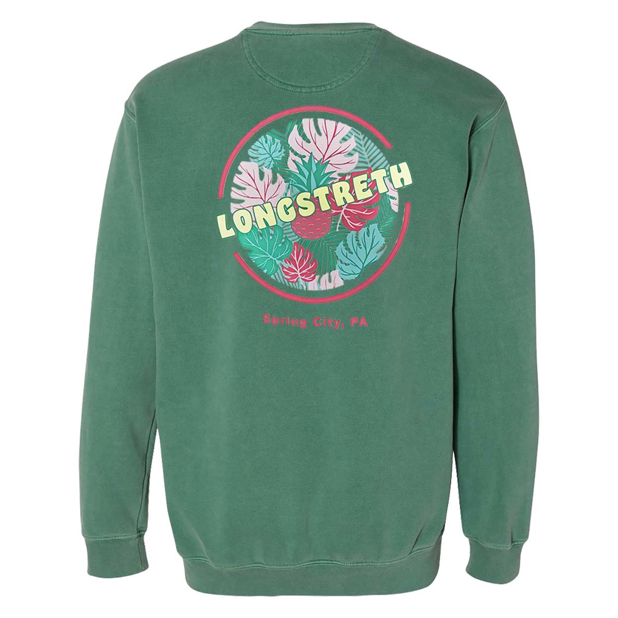 Back of a green long-sleeve Longstreth Tropical sweatshirt featuring a colorful circular graphic of tropical leaves and a pineapple, with the word “LONGSTRETH” across the center and “Spring City, PA” below.