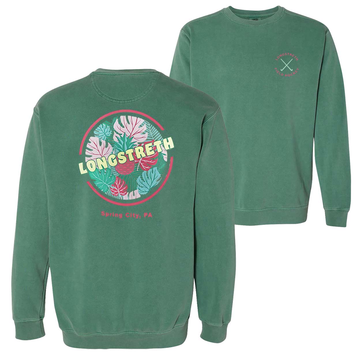 Front and back views of a green Longstreth Tropical sweatshirt. The back shows the vibrant tropical leaf and pineapple graphic with “LONGSTRETH” and “Spring City, PA.” The front displays a small “Longstreth Field Hockey” logo with crossed sticks on the left chest.