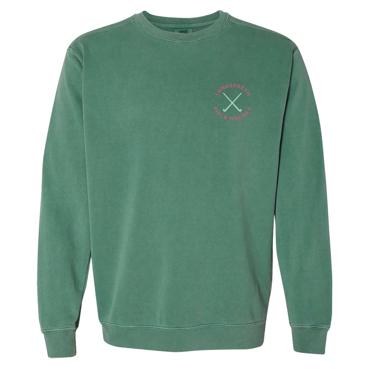 Front view of a green Longstreth Tropical sweatshirt. The front displays a small “Longstreth Field Hockey” logo with crossed sticks on the left chest.
