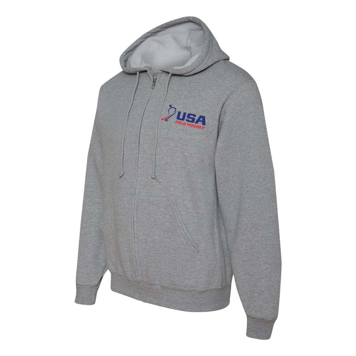 angled view of the front of the USA Field Hockey Full-Zip Hooded Sweatshirt