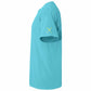 A side profile view of a short-sleeve crewneck t-shirt in a bright turquoise blue color, featuring a small yellow crossed-sticks logo on the left sleeve, set against a plain white background.