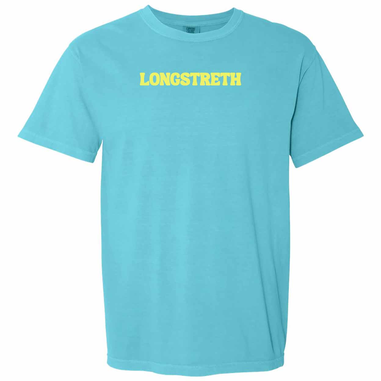 A light blue short-sleeve crewneck t-shirt with the word 'LONGSTRETH' printed in yellow across the chest, displayed on a solid white background.