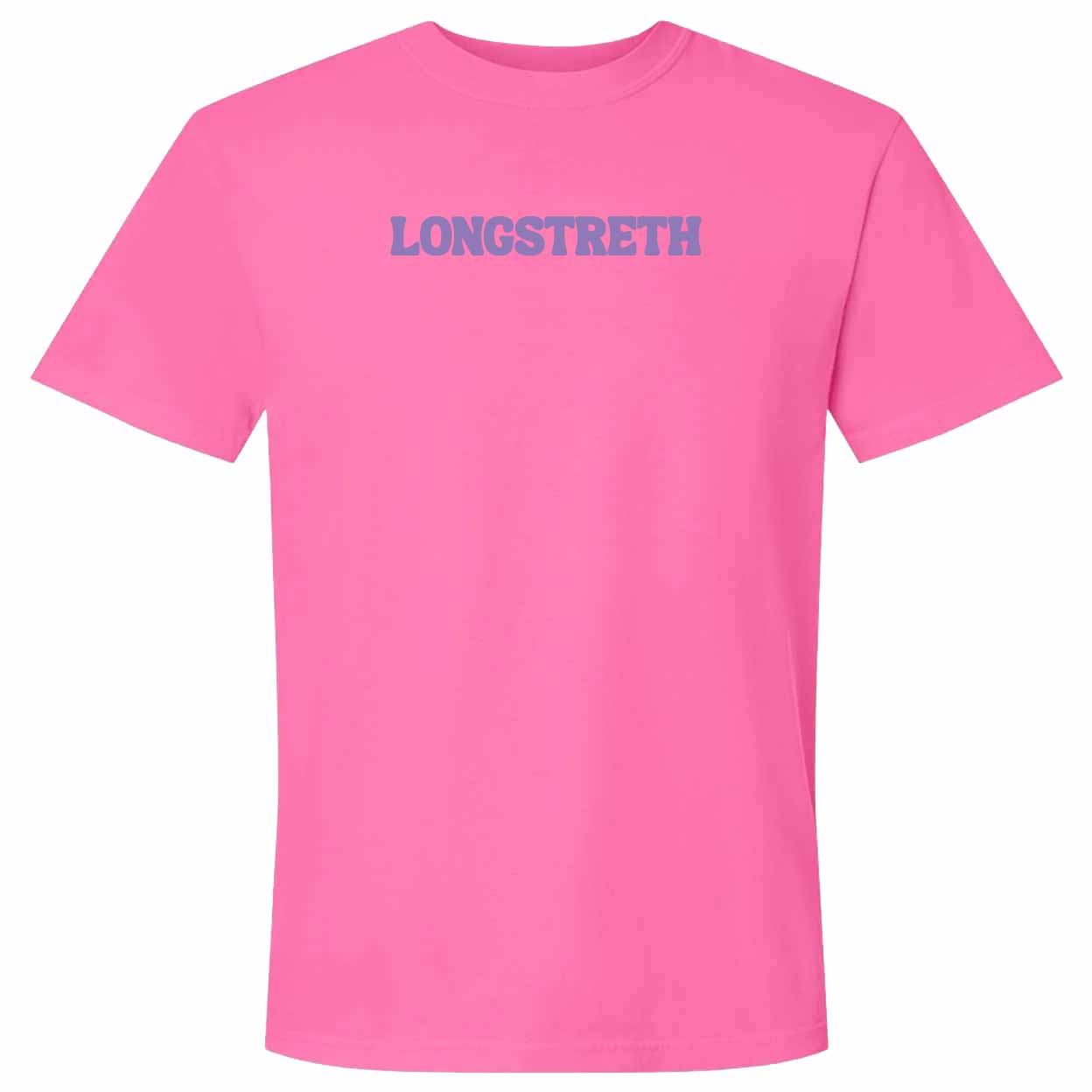 A bright pink short-sleeve crewneck t-shirt with the word 'LONGSTRETH' printed in a dusty purple-blue font across the chest, displayed on a solid white background.